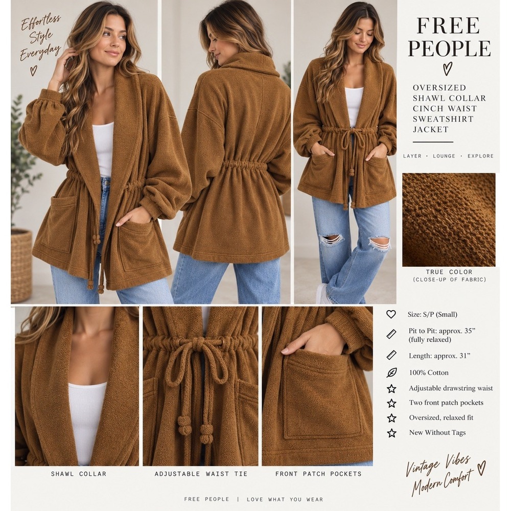 Free People - S -Oversized Shawl Collar Cinch Waist Jacket Rust 100% Cotton NWOT